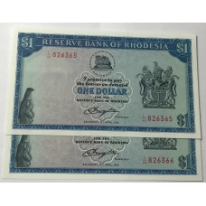 RHODESIA 1978 . ONE 1 DOLLAR BANKNOTES . CONSECUTIVE PAIR 